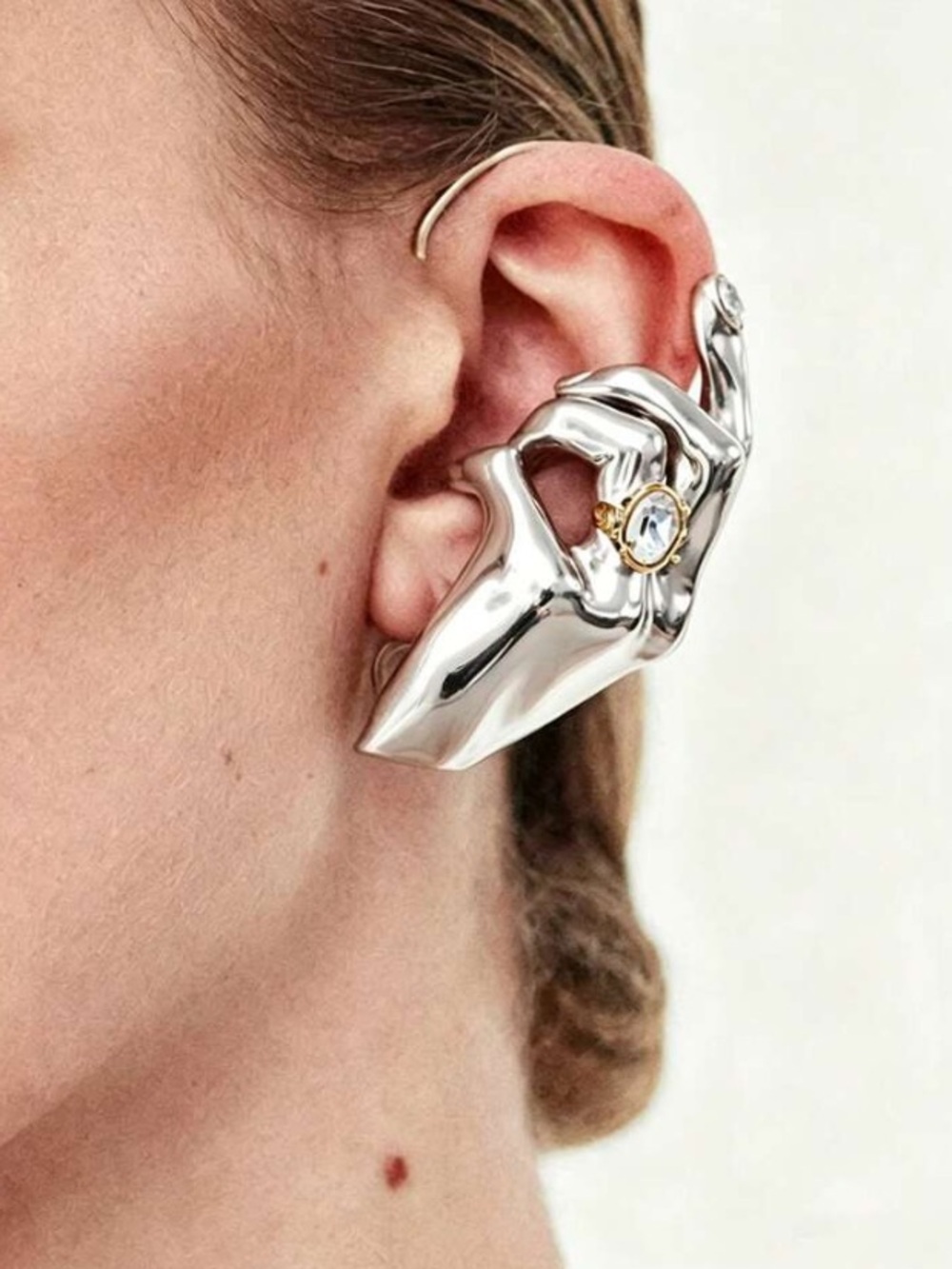 Sculptural Silver Ear Cuff with Crystal Accent